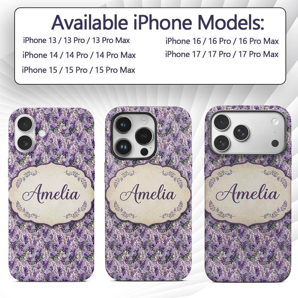 Muted Purple Wisteria Floral Decorative Design Custom Name Protective Phone Case Mobile Cover Durable Everyday Smartphone Shock Resistant