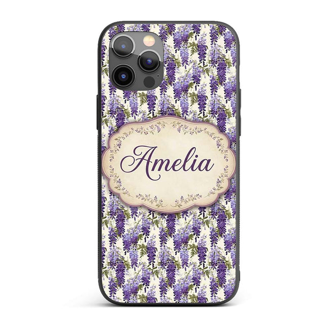Elegant Purple Wisteria Hanging Blossoms Floral Custom Name Protective Phone Case Mobile Cover Durable Everyday Smartphone Shock Resistant