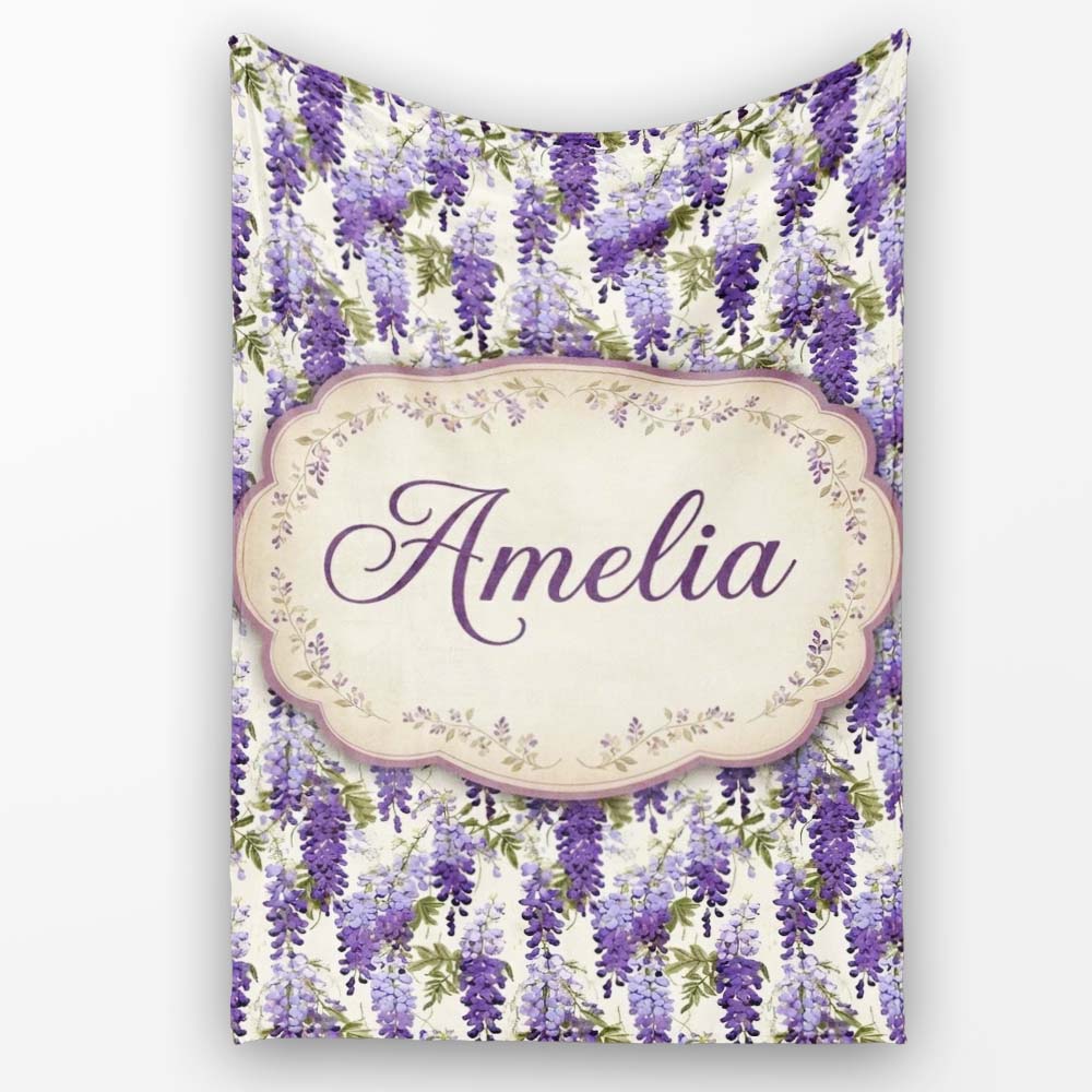 Elegant Purple Wisteria Hanging Blossoms Floral Seamless Pattern  Personalised Custom Name Super Soft Fleece Blanket Bed Sofa Throw