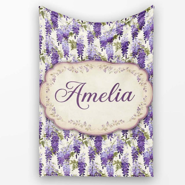 Elegant Purple Wisteria Hanging Blossoms Floral Seamless Pattern  Personalised Custom Name Super Soft Fleece Blanket Bed Sofa Throw