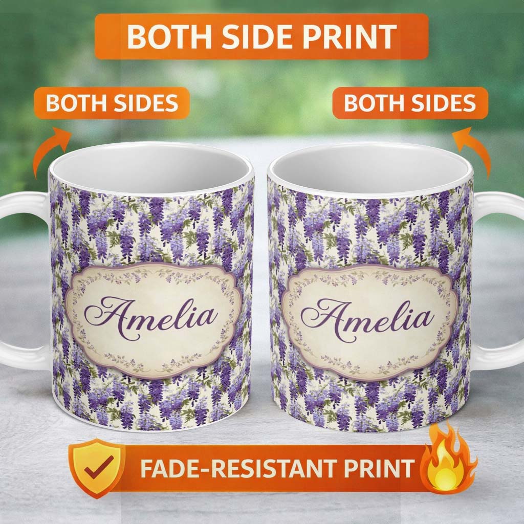 Personalized Custom Name Elegant Purple Wisteria Hanging Blossoms Floral Seamless Pattern 11oz Ceramic Coffee Tea Mug White Large Handle