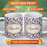 Personalized Custom Name Elegant Purple Wisteria Hanging Blossoms Floral Seamless Pattern 11oz Ceramic Coffee Tea Mug White Large Handle