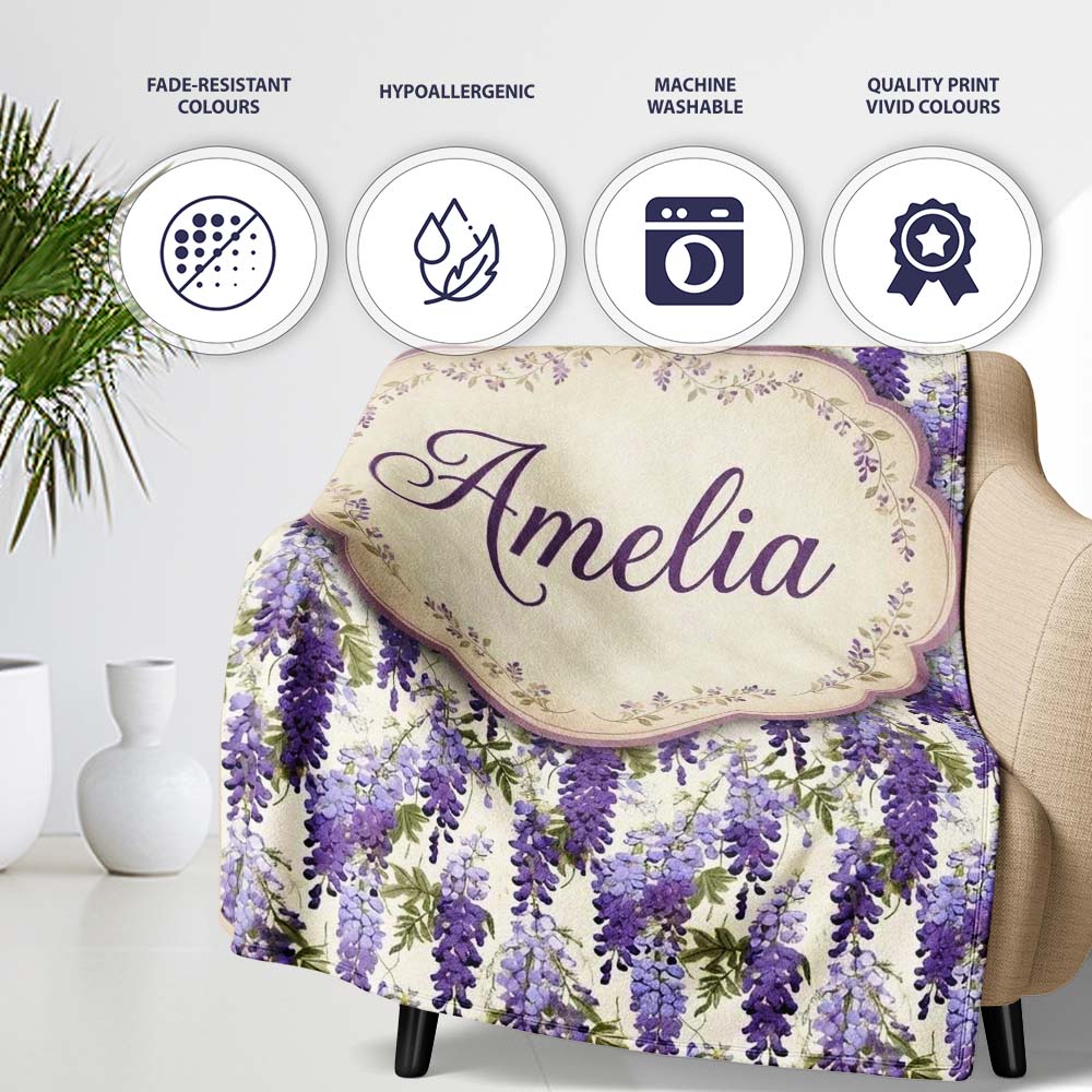 Elegant Purple Wisteria Hanging Blossoms Floral Seamless Pattern  Personalised Custom Name Super Soft Fleece Blanket Bed Sofa Throw