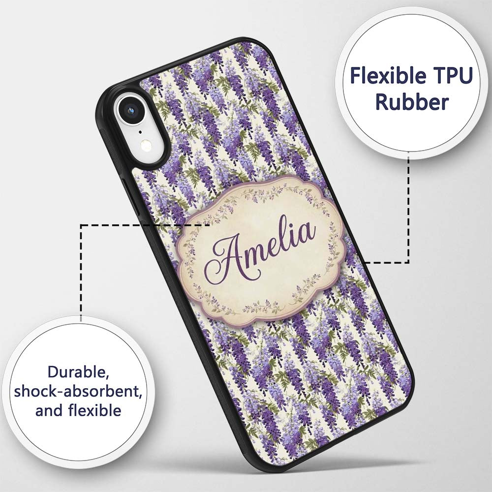 Elegant Purple Wisteria Hanging Blossoms Floral Custom Name Protective Phone Case Mobile Cover Durable Everyday Smartphone Shock Resistant