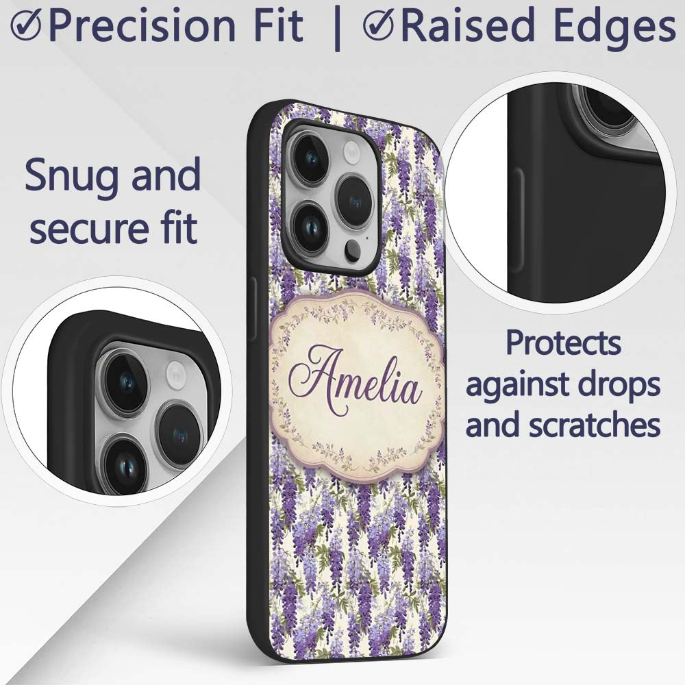 Elegant Purple Wisteria Hanging Blossoms Floral Custom Name Protective Phone Case Mobile Cover Durable Everyday Smartphone Shock Resistant
