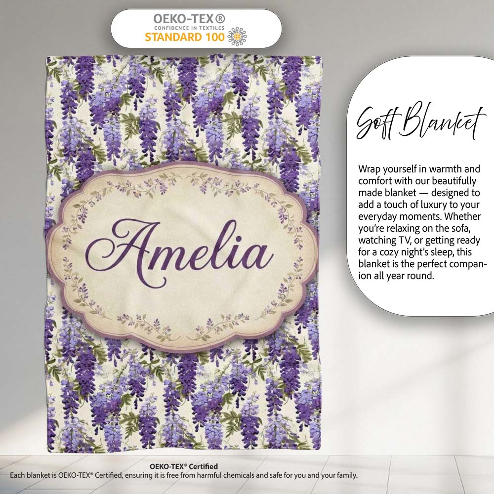 Elegant Purple Wisteria Hanging Blossoms Floral Seamless Pattern  Personalised Custom Name Super Soft Fleece Blanket Bed Sofa Throw