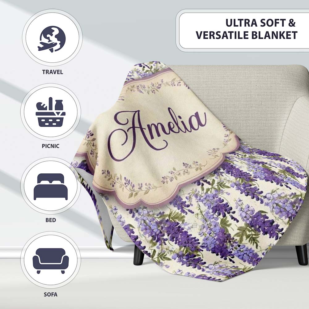 Elegant Purple Wisteria Hanging Blossoms Floral Seamless Pattern  Personalised Custom Name Super Soft Fleece Blanket Bed Sofa Throw