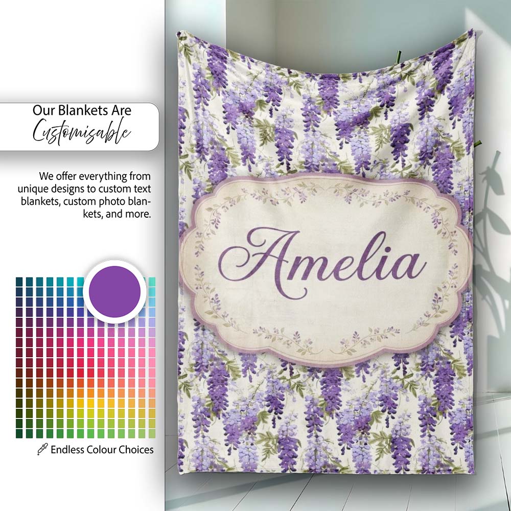 Elegant Purple Wisteria Hanging Blossoms Floral Seamless Pattern  Personalised Custom Name Super Soft Fleece Blanket Bed Sofa Throw