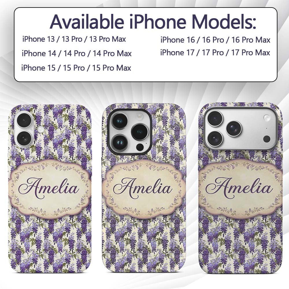 Elegant Purple Wisteria Hanging Blossoms Floral Custom Name Protective Phone Case Mobile Cover Durable Everyday Smartphone Shock Resistant