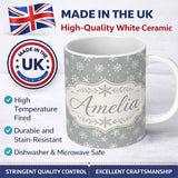 Personalized Custom Name Grey Background White Snowflakes Winter Seamless Pattern Name Cute 11oz Ceramic Coffee Tea Mug White Large Handle