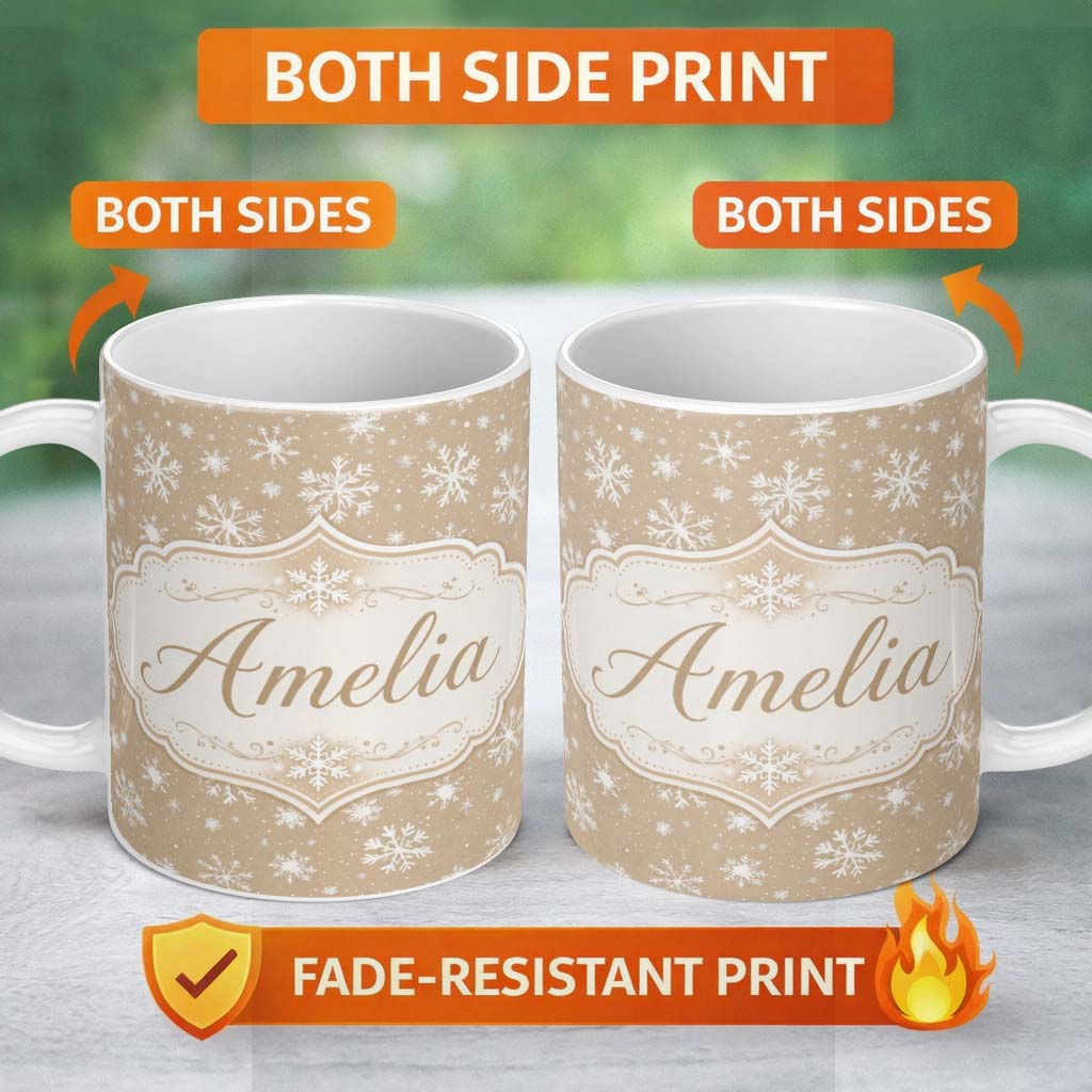 Personalized Custom Name Beige Background White Snowflakes Soft Winter Seamless Pattern Name 11oz Ceramic Coffee Tea Mug White Large Handle