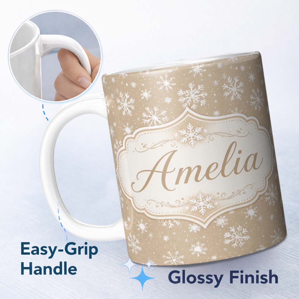 Personalized Custom Name Beige Background White Snowflakes Soft Winter Seamless Pattern Name 11oz Ceramic Coffee Tea Mug White Large Handle