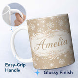 Personalized Custom Name Beige Background White Snowflakes Soft Winter Seamless Pattern Name 11oz Ceramic Coffee Tea Mug White Large Handle