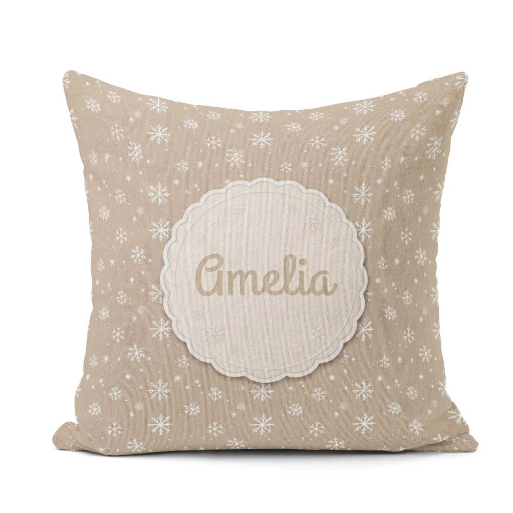 Custom Name Warm Taupe Background Snowflake Winter Seamless Name Square Filled Cushion Throw Pillow Sofa Bed Home Decor Zip Washable UK Made