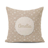 Custom Name Warm Taupe Background Snowflake Winter Seamless Name Square Filled Cushion Throw Pillow Sofa Bed Home Decor Zip Washable UK Made