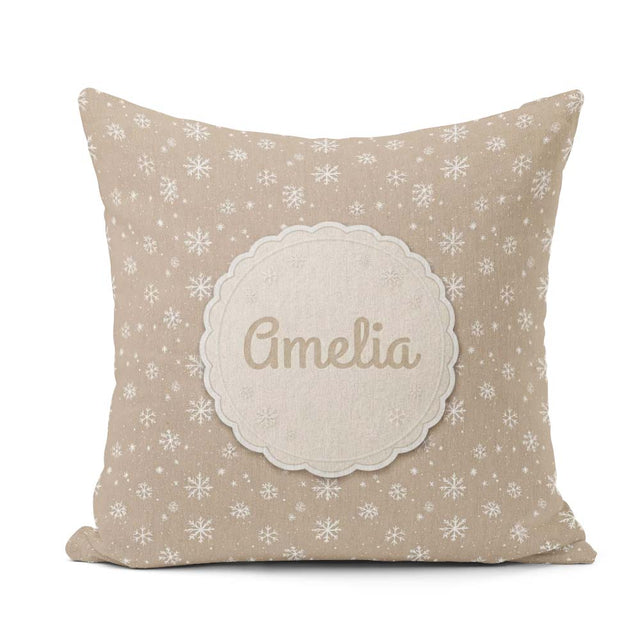 Custom Name Warm Taupe Background Snowflake Winter Seamless Name Square Filled Cushion Throw Pillow Sofa Bed Home Decor Zip Washable UK Made