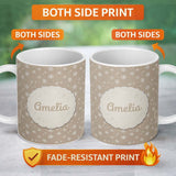 Personalized Custom Name Warm Taupe Background Snowflake Winter Seamless Pattern Name Cute 11oz Ceramic Coffee Tea Mug White Large Handle