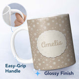 Personalized Custom Name Warm Taupe Background Snowflake Winter Seamless Pattern Name Cute 11oz Ceramic Coffee Tea Mug White Large Handle