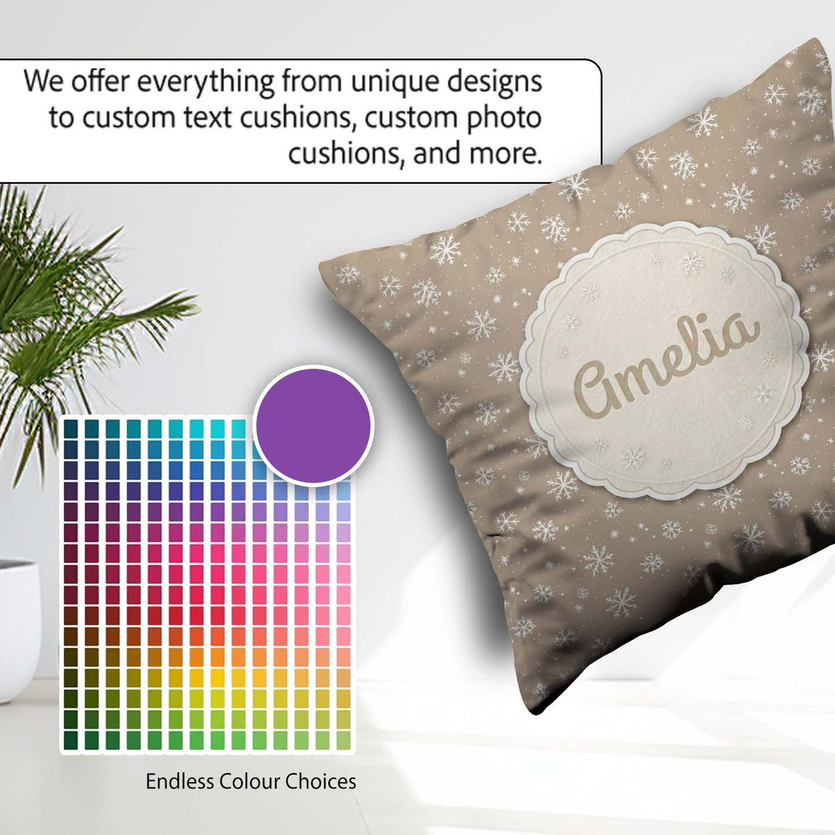 Custom Name Warm Taupe Background Snowflake Winter Seamless Name Square Filled Cushion Throw Pillow Sofa Bed Home Decor Zip Washable UK Made