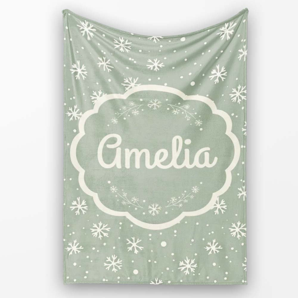 Sage Green Background Snowflake Winter Seamless Pattern Name Cute  Personalised Custom Name Super Soft Fleece Blanket Bed Sofa Throw