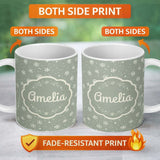 Personalized Custom Name Sage Green Background Snowflake Winter Seamless Pattern Name Cute 11oz Ceramic Coffee Tea Mug White Large Handle