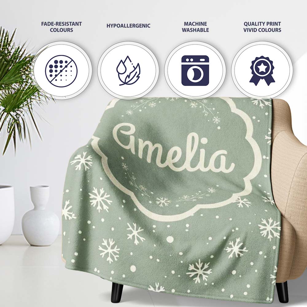 Sage Green Background Snowflake Winter Seamless Pattern Name Cute  Personalised Custom Name Super Soft Fleece Blanket Bed Sofa Throw