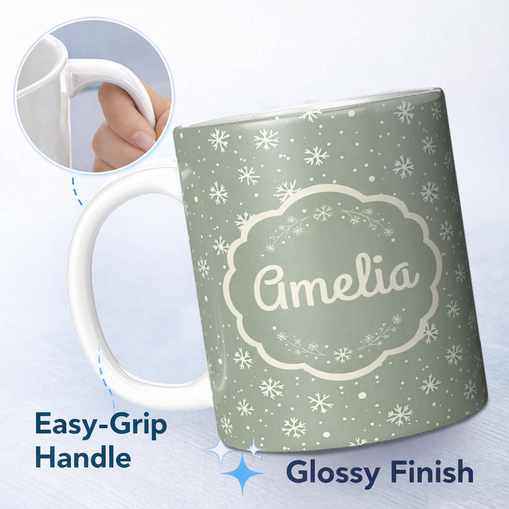 Personalized Custom Name Sage Green Background Snowflake Winter Seamless Pattern Name Cute 11oz Ceramic Coffee Tea Mug White Large Handle