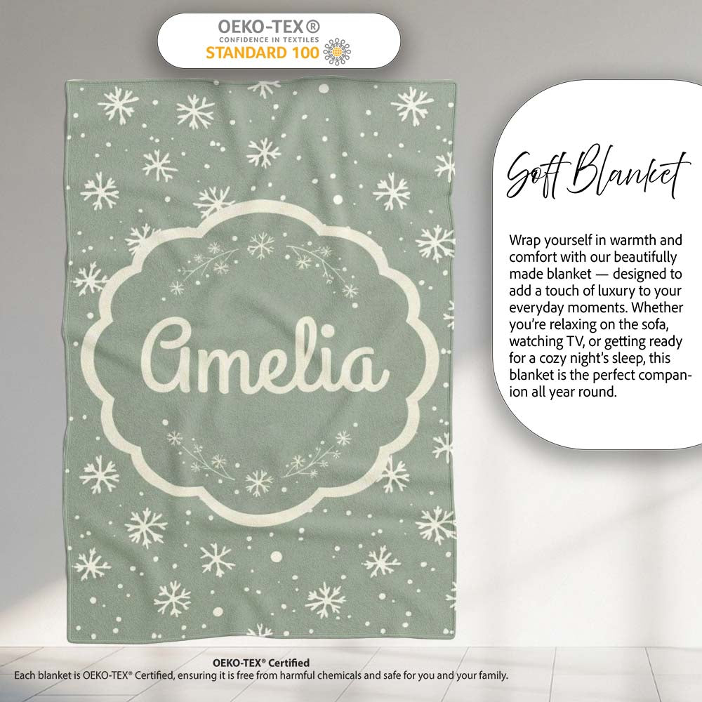Sage Green Background Snowflake Winter Seamless Pattern Name Cute  Personalised Custom Name Super Soft Fleece Blanket Bed Sofa Throw