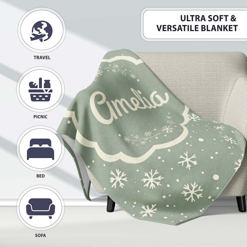 Sage Green Background Snowflake Winter Seamless Pattern Name Cute  Personalised Custom Name Super Soft Fleece Blanket Bed Sofa Throw