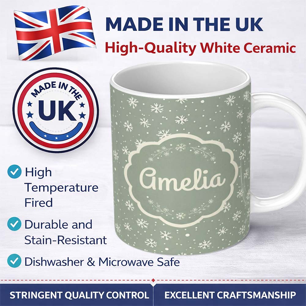 Personalized Custom Name Sage Green Background Snowflake Winter Seamless Pattern Name Cute 11oz Ceramic Coffee Tea Mug White Large Handle