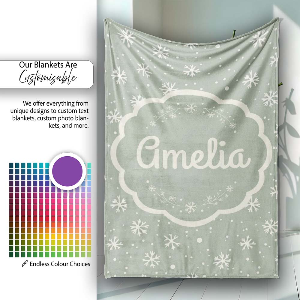 Sage Green Background Snowflake Winter Seamless Pattern Name Cute  Personalised Custom Name Super Soft Fleece Blanket Bed Sofa Throw