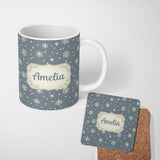 Personalized Custom Name Blue Grey Background Snowflake Dots Winter Seamless Pattern Name 11oz Ceramic Coffee Tea Mug White Large Handle