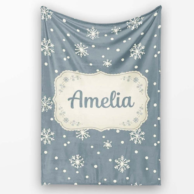 Blue Grey Background Snowflake Dots Winter Seamless Pattern Name  Personalised Custom Name Super Soft Fleece Blanket Bed Sofa Throw