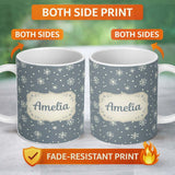 Personalized Custom Name Blue Grey Background Snowflake Dots Winter Seamless Pattern Name 11oz Ceramic Coffee Tea Mug White Large Handle