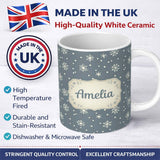 Personalized Custom Name Blue Grey Background Snowflake Dots Winter Seamless Pattern Name 11oz Ceramic Coffee Tea Mug White Large Handle