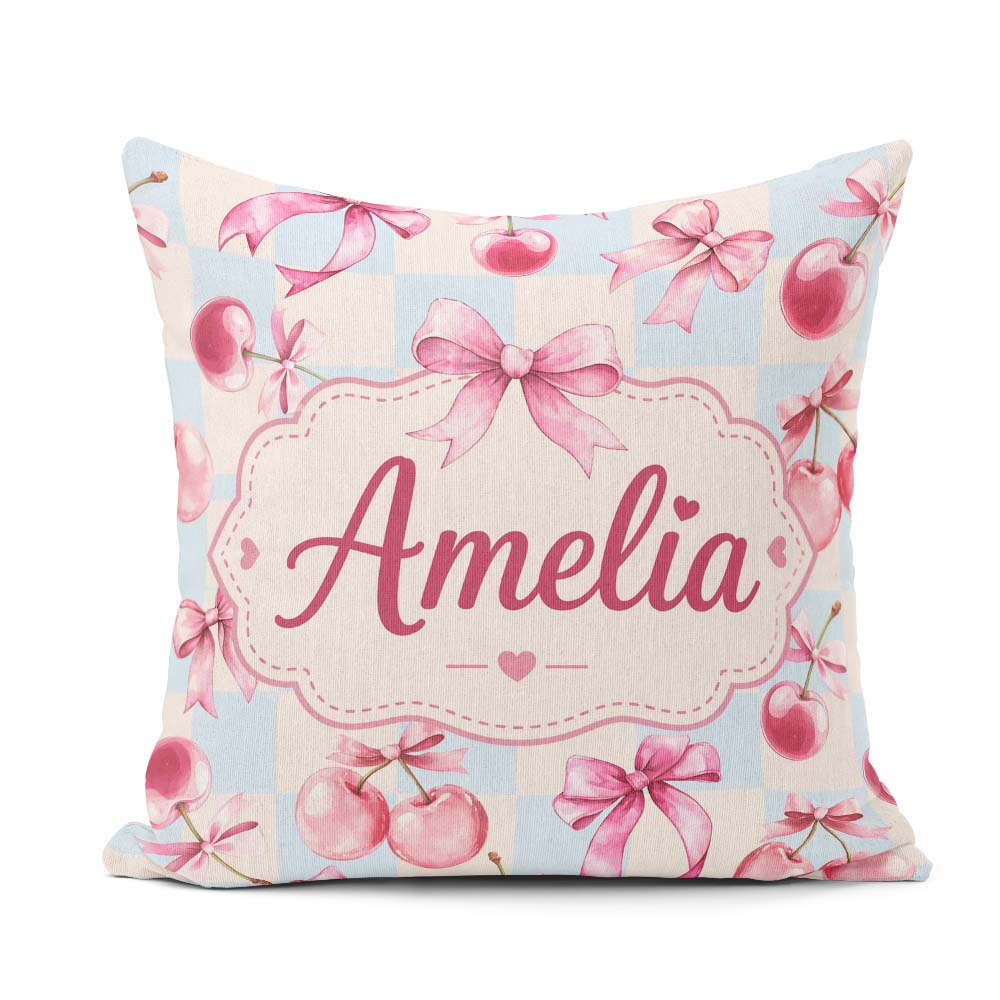 Custom Name Watercolor Cherry Ribbon Blue Beige Gingham Seamless Square Filled Cushion Throw Pillow Sofa Bed Home Decor Zip Washable UK Made