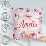 Custom Name Watercolor Cherry Ribbon Blue Beige Gingham Seamless Square Filled Cushion Throw Pillow Sofa Bed Home Decor Zip Washable UK Made