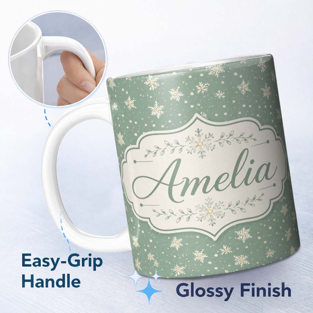 Personalized Custom Name Muted Green Background Snowflake Floral Winter Seamless Pattern 11oz Ceramic Coffee Tea Mug White Large Handle