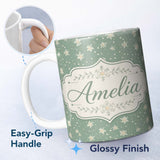 Personalized Custom Name Muted Green Background Snowflake Floral Winter Seamless Pattern 11oz Ceramic Coffee Tea Mug White Large Handle