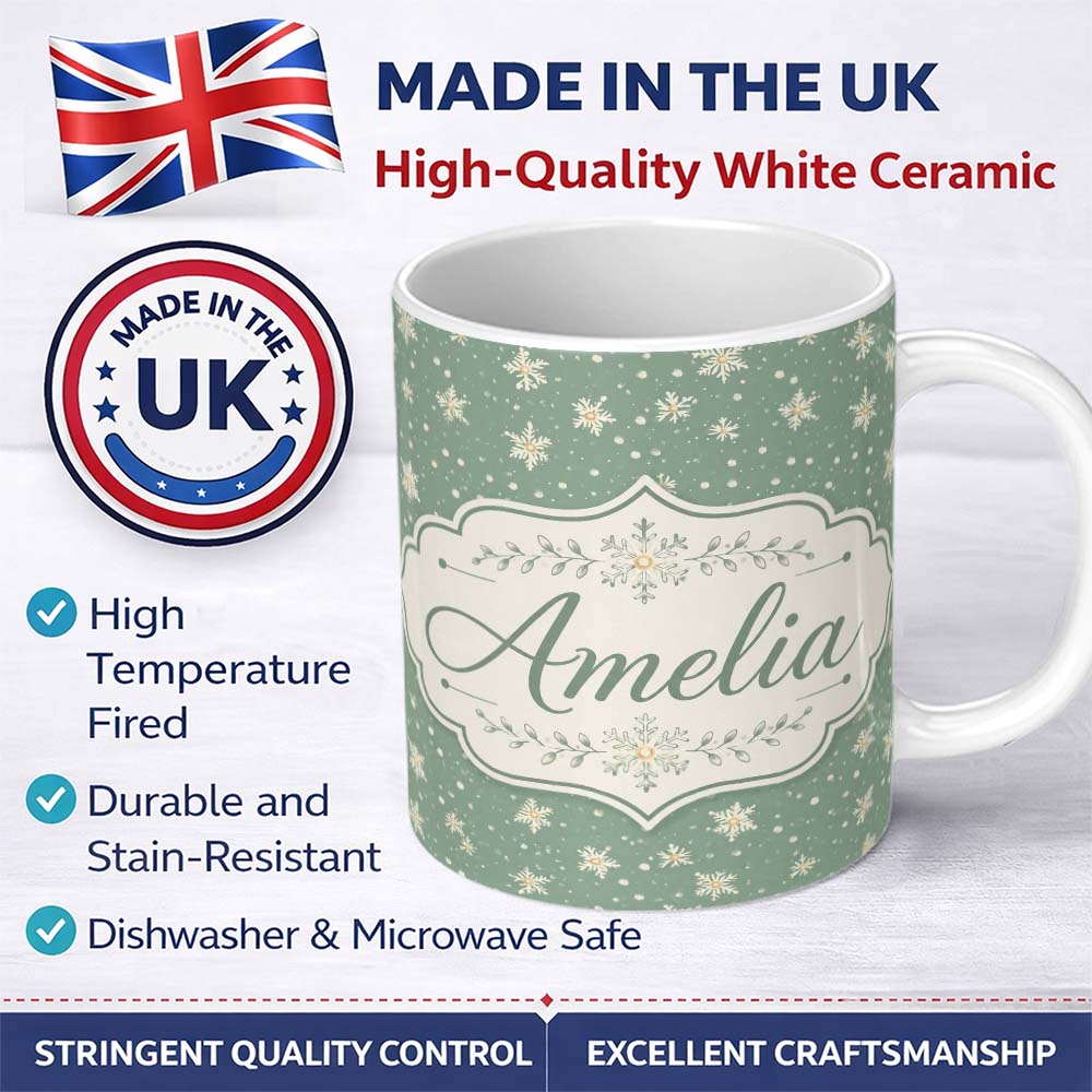 Personalized Custom Name Muted Green Background Snowflake Floral Winter Seamless Pattern 11oz Ceramic Coffee Tea Mug White Large Handle