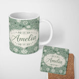Personalized Custom Name Soft Green Background Artistic Snowflake Winter Seamless Pattern 11oz Ceramic Coffee Tea Mug White Large Handle
