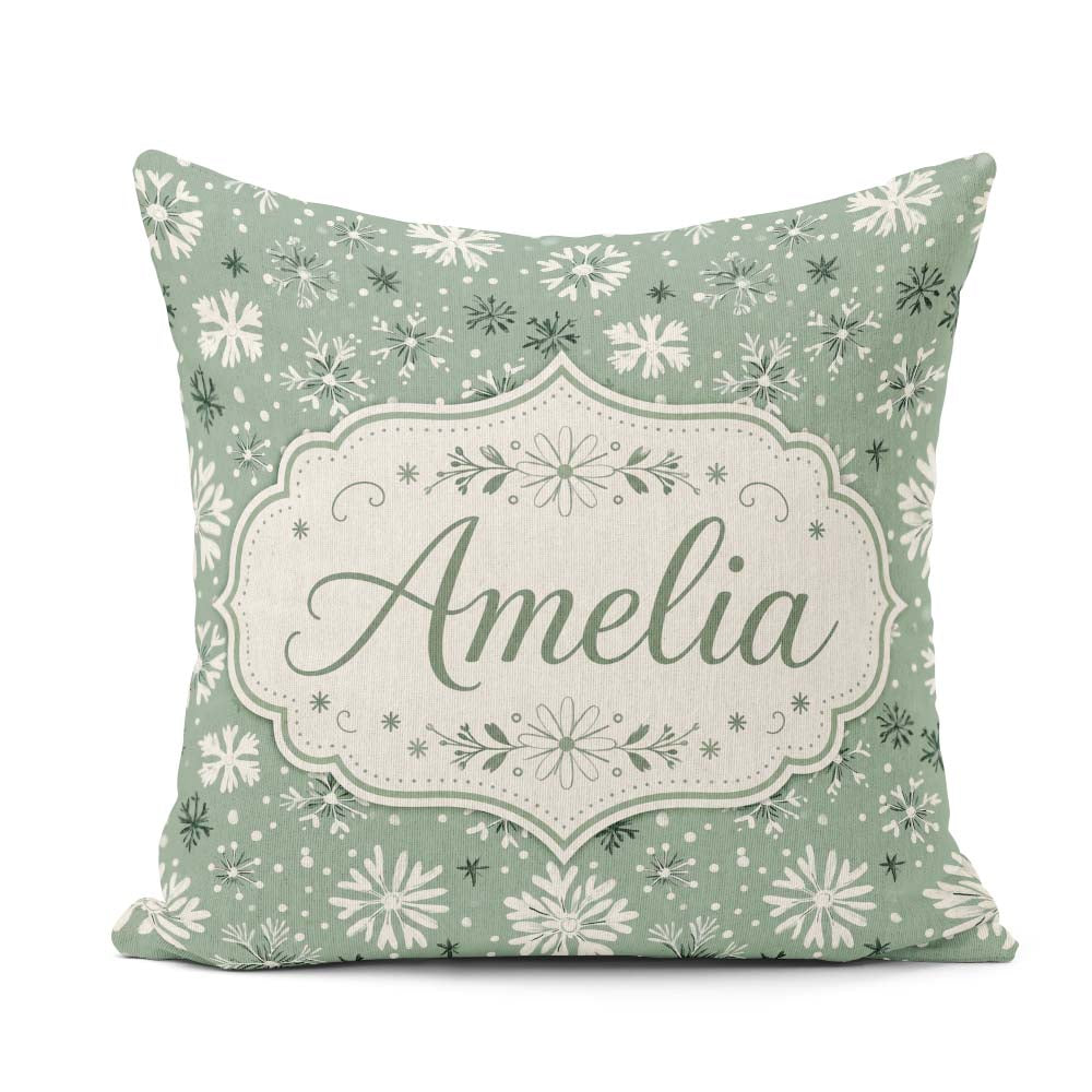 Custom Name Green Background Artistic Snowflake Seamless Pattern Square Filled Cushion Throw Pillow Sofa Bed Home Decor Zip Washable UK Made