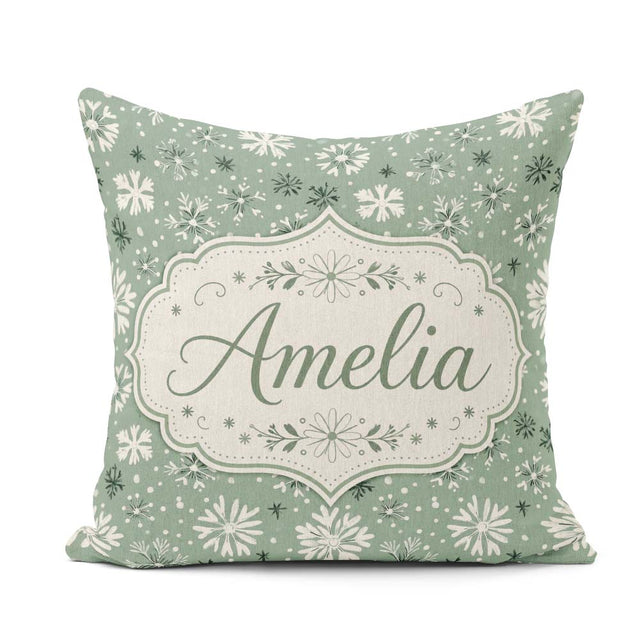 Custom Name Green Background Artistic Snowflake Seamless Pattern Square Filled Cushion Throw Pillow Sofa Bed Home Decor Zip Washable UK Made