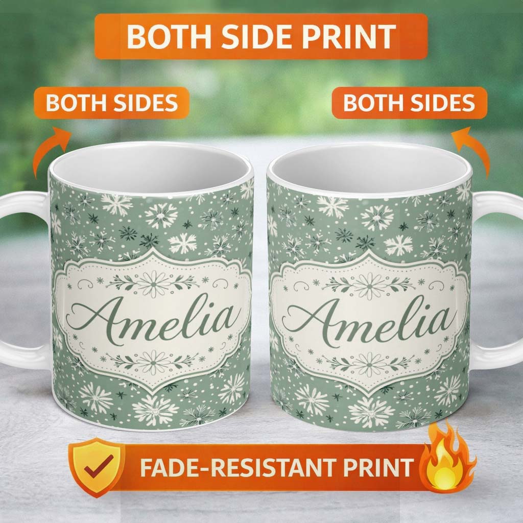 Personalized Custom Name Soft Green Background Artistic Snowflake Winter Seamless Pattern 11oz Ceramic Coffee Tea Mug White Large Handle