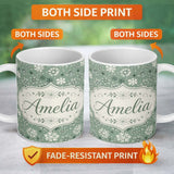 Personalized Custom Name Soft Green Background Artistic Snowflake Winter Seamless Pattern 11oz Ceramic Coffee Tea Mug White Large Handle