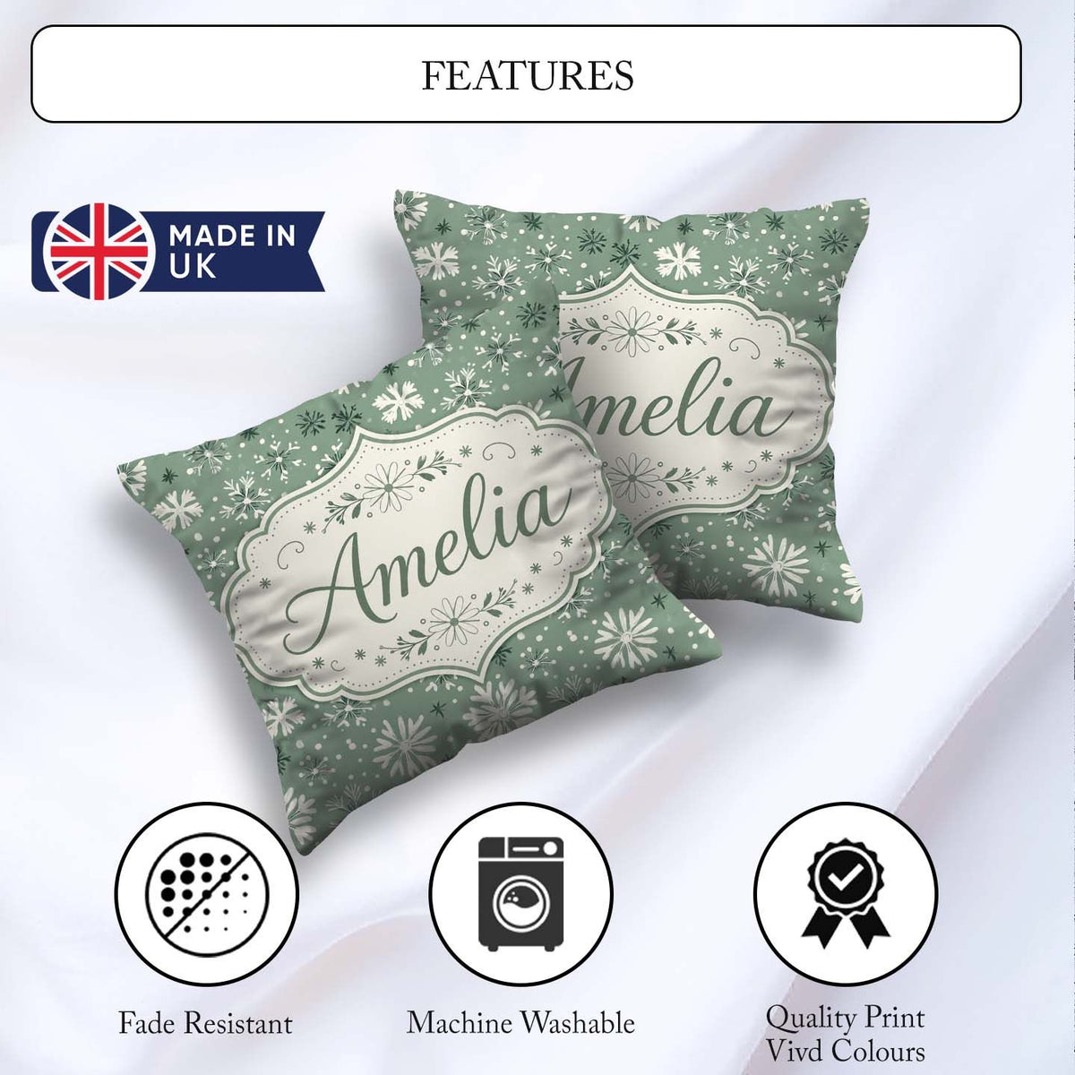 Custom Name Green Background Artistic Snowflake Seamless Pattern Square Filled Cushion Throw Pillow Sofa Bed Home Decor Zip Washable UK Made