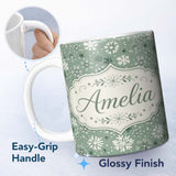 Personalized Custom Name Soft Green Background Artistic Snowflake Winter Seamless Pattern 11oz Ceramic Coffee Tea Mug White Large Handle