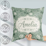 Custom Name Green Background Artistic Snowflake Seamless Pattern Square Filled Cushion Throw Pillow Sofa Bed Home Decor Zip Washable UK Made