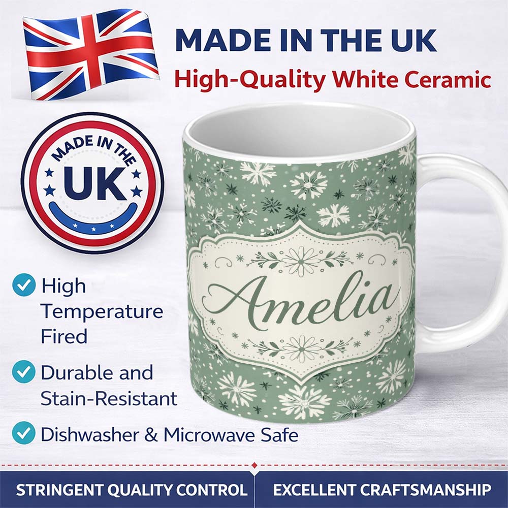 Personalized Custom Name Soft Green Background Artistic Snowflake Winter Seamless Pattern 11oz Ceramic Coffee Tea Mug White Large Handle