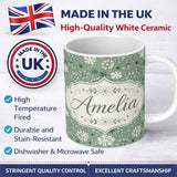 Personalized Custom Name Soft Green Background Artistic Snowflake Winter Seamless Pattern 11oz Ceramic Coffee Tea Mug White Large Handle